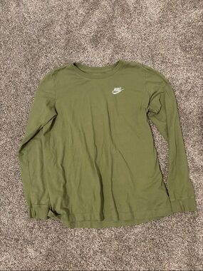 Nike Olive Green Long-Sleeve Crew with White Swoosh